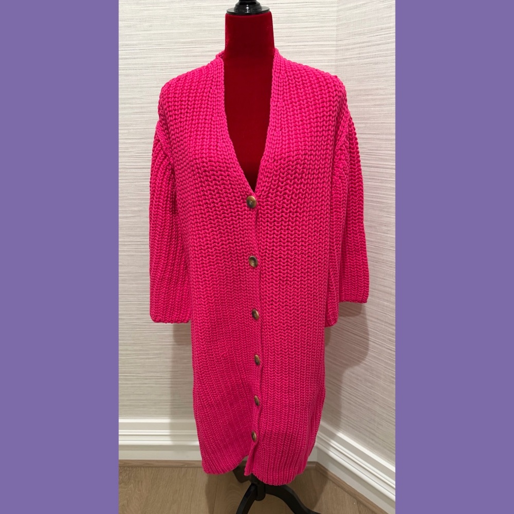 NEW ANTHROPOLOGIE DUSTER MAXI CARDIGAN CHUNKY SWEATER HOT PINK